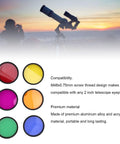 6 Piece 2 Inch Telescope Eyepiece Filter Kit Moon Filter With M48x0.75mm Threads Eyepiece Filters In Storage Case For Planetary Observation And Space Exploration featuring colored filters and telescope silhouette