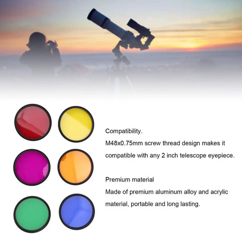 6 Piece 2 Inch Telescope Eyepiece Filter Kit Moon Filter With M48x0.75mm Threads Eyepiece Filters In Storage Case For Planetary Observation And Space Exploration featuring colored filters and telescope silhouette
