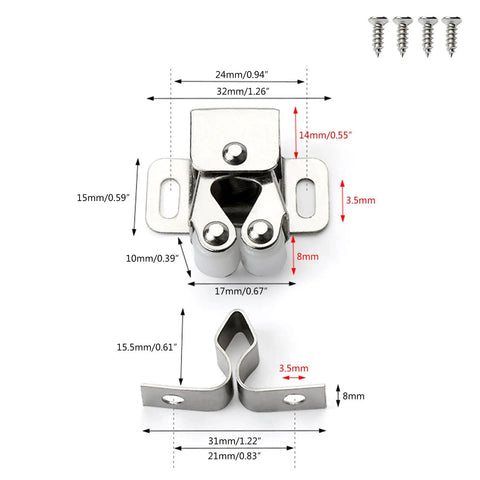 Five Pack Twin Roller Cabinet Door Catches With Screws For Home Furniture dimensions shown