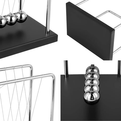 Detailed view of Large Newtons Cradle Pendulum Desk Toy With 5 Beads Perpetual Motion Balance Balls Black Wooden Base For Office Decor