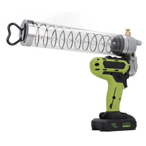 Cordless Electric Grease Gun With 12000 PSI High Pressure, green handle, rechargeable battery, clear tube, industrial use