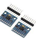 Two Pack ADXL345 Digital 3 Axis Accelerometer Tilt Module With I2C And SPI Ultra Low Power For Arduino Makers 3 5 Volt Compact 20 By 15 Millimeter Pin Headers Included Gravity Sensor, two blue PCB sensors with pin headers