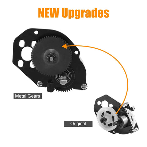 Comparison of original and new metal RC transmission gear set upgrade for Axial SCX24 1 by 24 crawler with anti-corrosion construction.