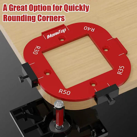 Router Corner Radius Template Kit With Aluminum Alloy Radius Jig, CNC Machined For Woodworking, shown in use on a tabletop.