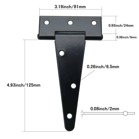T Strap Barn Door Hinges Heavy Duty 5 Inch Black Iron Gate Straps For Barn Shed Fence Doors 4 Pcs Rustproof with dimensions