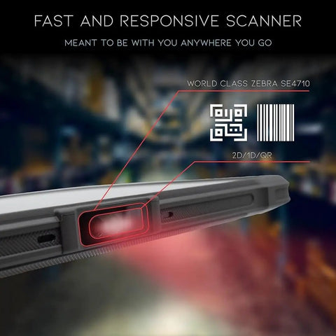 Close-up of the Rugged Android RFID Scanner Tablet Workhorse with Zebra SE4710 showing barcode scanning feature.