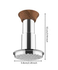 Straight Up 58mm Espresso Tamper For Dead On Pulls Daily Brushed Stainless Steel with solid wood grip and flat bottom design.