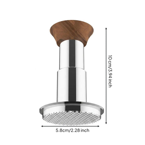 Straight Up 58mm Espresso Tamper For Dead On Pulls Daily Brushed Stainless Steel with solid wood grip and flat bottom design.