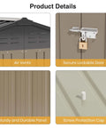 Close-up of 6x4 Ft Outdoor Metal Storage Shed details: air vents, lockable door, durable panel, and screw protection cap.