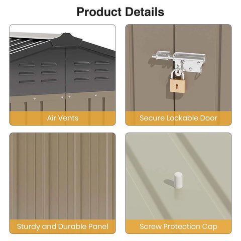 Close-up of 6x4 Ft Outdoor Metal Storage Shed details: air vents, lockable door, durable panel, and screw protection cap.
