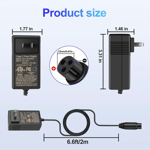 Product dimensions of 24V Replacement Charger Cable, 6.6Ft Long, For Razor MX350 MX400 E300 E200 E150 E125 E100