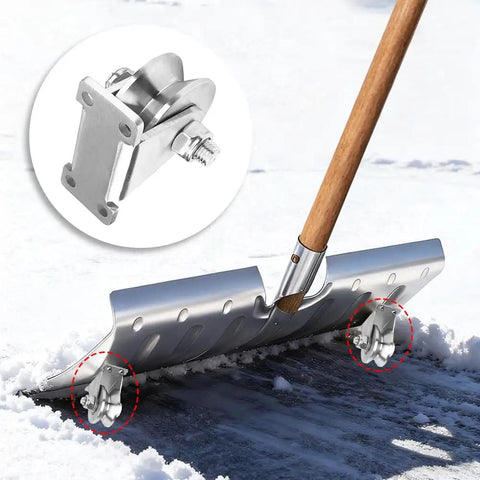 Two Pack V Groove Wheel Pulley Blocks 1.26 Inch Stainless Steel Silent Pulley Rock Solid Gate Rollers With Duplex Bearing Heavy Duty Workhorse For Smooth Sliding Door Glide And Rigging close-up with shovel in snow.