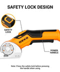 Portable Cordless Electric Scissors For Cutting Cardboard And Carpet showing safety lock and power handle design.