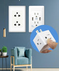 Four Way Wall Tap Outlet Extender For Home Office And Kitchen 4 Grounded AC Outlets Power Strip 120V 15A Up To 1800W Easy Plugger Fits Bulkier Plugs USA Plug Adapter shown with USA and Thai wall sockets and a living room setting.