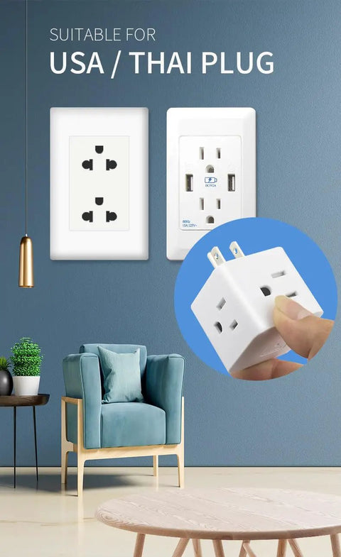 Four Way Wall Tap Outlet Extender For Home Office And Kitchen 4 Grounded AC Outlets Power Strip 120V 15A Up To 1800W Easy Plugger Fits Bulkier Plugs USA Plug Adapter shown with USA and Thai wall sockets and a living room setting.