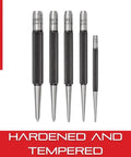 Prick Punch Set 4 Inch Hardened Steel 5 Pack With Knurled Grips in display, ideal for precise marking and hole scribing.