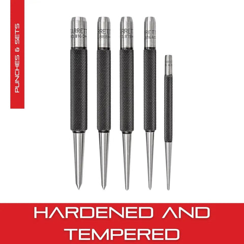 Prick Punch Set 4 Inch Hardened Steel 5 Pack With Knurled Grips in display, ideal for precise marking and hole scribing.