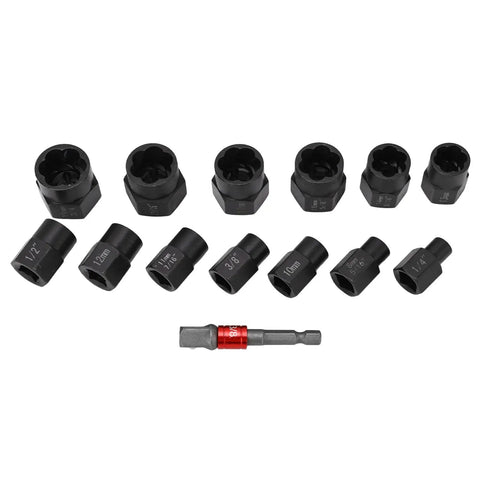 14Pcs Nut Remover Extractor Kit For Damaged Bolts And Rusty Nuts 3/8in Hex Socket Set, 13 extractors, 1 hex socket displayed