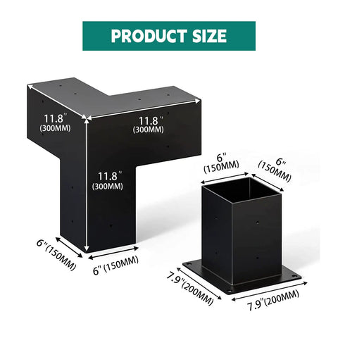6x6 Pergola Bracket Kit With Powder Coated Carbon Steel Post Brackets, Right Angle Woodworks Hardware, product size dimensions