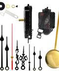 DIY Dope Quartz Clock Movement Kit With Pendulum Mechanism And Three Pairs Of Hands laid out with components visible.