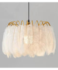 Feather Lamp Pendant Light Chandelier for Dining Room Living Bedroom Nordic Drop Lighting with white feathers and gold accents.
