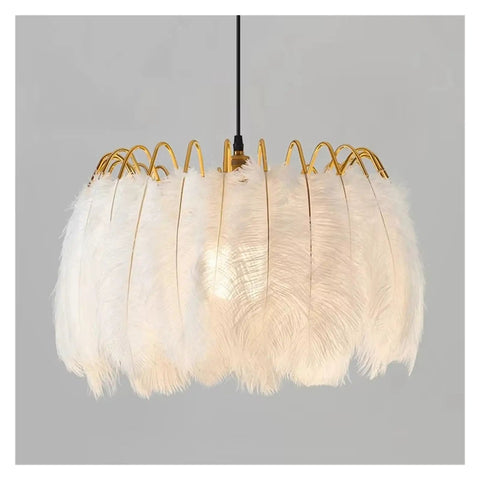 Feather Lamp Pendant Light Chandelier for Dining Room Living Bedroom Nordic Drop Lighting with white feathers and gold accents.
