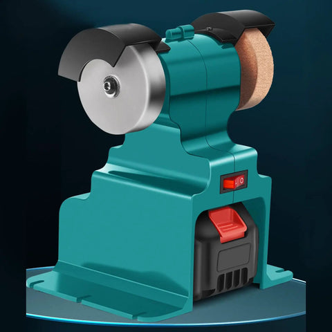 Cordless Electric Bench Grinder 18V powered dual wheel polishing and grinding machine with guard, sturdy mounting visible