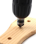 Countersink drill bit (5-flute, 82°) cutting into light pine wood
