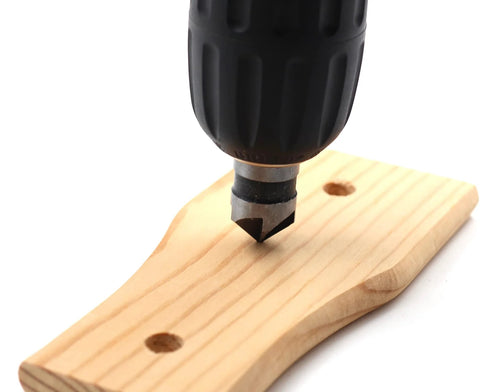 Countersink drill bit (5-flute, 82°) cutting into light pine wood