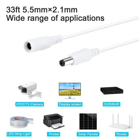 33Ft DC Power Extension Cable 2.1mm x 5.5mm plug for 12V adapters, shown with security cameras and other devices.