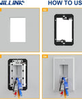 Installation steps for 4 Pack Brush Wall Plate With Low Voltage Mounting Bracket For Hassle Free Cord Routing In Bright White Trim.