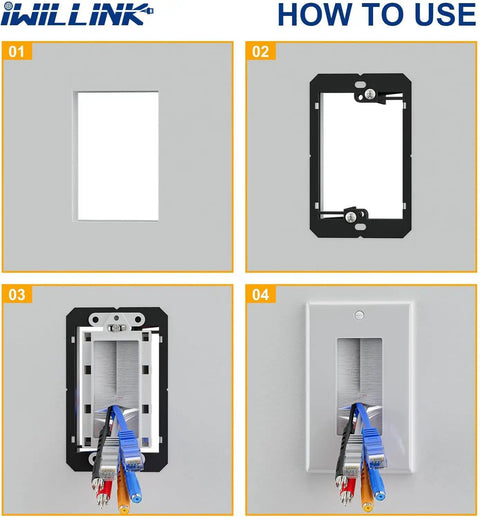Installation steps for 4 Pack Brush Wall Plate With Low Voltage Mounting Bracket For Hassle Free Cord Routing In Bright White Trim.