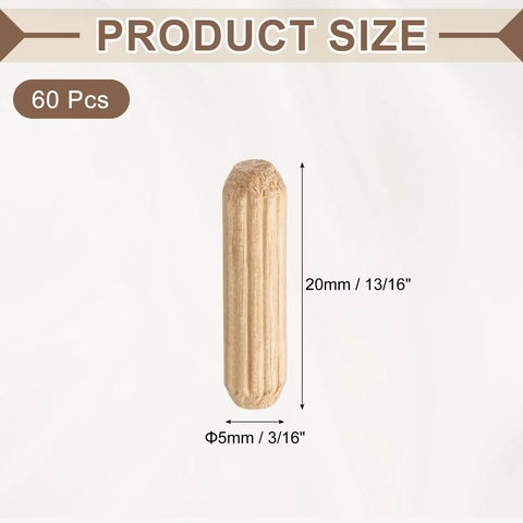 Top Shelf Hardwood Dowel Pins 3/16 Inch By 13/16 Inch Straight Wood Rods 60 Pack showing dimensions and fluted design.