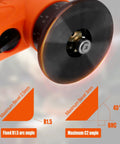 Close-up of orange 2-in-1 pneumatic chamfering tool head with a black circular grinding wheel and central screw.