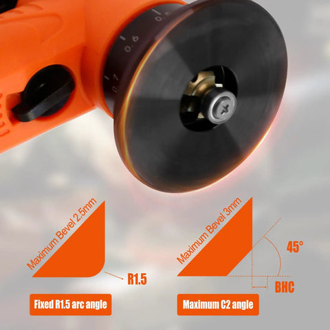 Heavy Duty Pneumatic Chamfering Tool With Fast 30K RPM Speed For Precision Metal Deburring And Edge Trimming Adjustable Depth Control For Sleek Arc Corners and Linear Bevels Easy Handling Orange Finish close-up showing R1.5 angle settings.