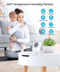 Smart WiFi Thermometer Hygrometer With LCD Display App Alerts And Remote Home Monitoring For Indoor Humidity And Temperature Sensor That Works With 2.4GHz WiFi And Bluetooth, white indoor model on table