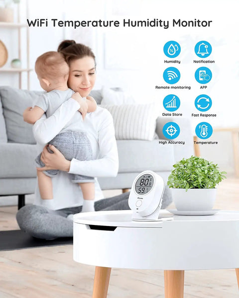 Smart WiFi Thermometer Hygrometer With LCD Display App Alerts And Remote Home Monitoring For Indoor Humidity And Temperature Sensor That Works With 2.4GHz WiFi And Bluetooth, white indoor model on table