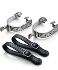 Cowboy Spurs Set With 6 Hole Belt Rotatable Gear Stainless Steel Spurs For Equestrian Riding Leather Spur Straps For Men And Women Classic Western Style For Better Control And Style On The Trail, silver spurs with black leather straps display.