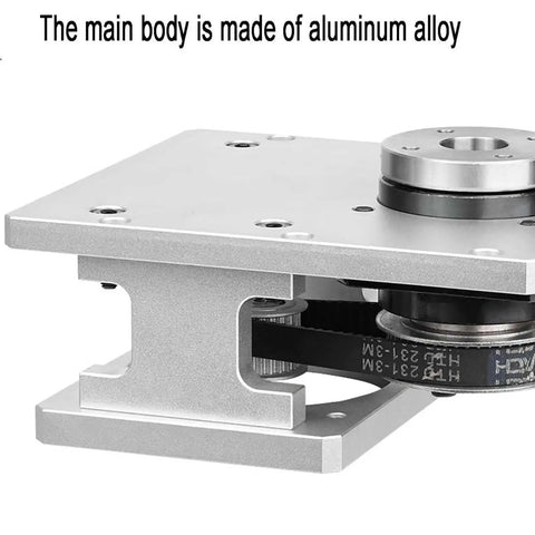 Heavy Duty Hollow Rotary Platform With Adjustable Belt Tension For 86 Stepper Motors To Nail Dead On Positioning and visible anodized aluminum body details.