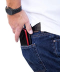 Universal Dual Phone Carrier With Strong Magnetic Mounts For Smart Device Storage shown in pocket with two smartphones visible.