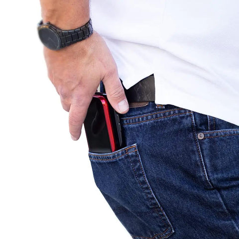 Universal Dual Phone Carrier With Strong Magnetic Mounts For Smart Device Storage shown in pocket with two smartphones visible.