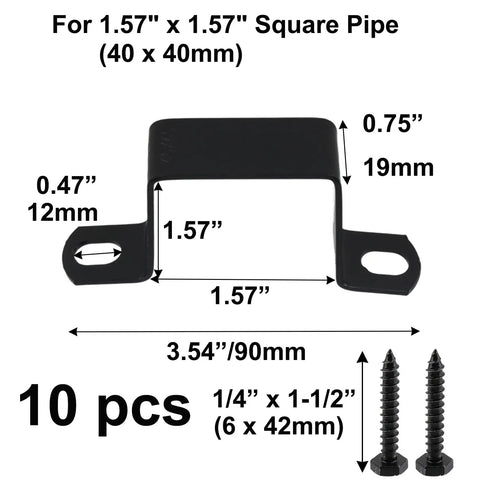 Heavy Duty 304 Stainless Steel Square Tube Clamps 10 Pack with dimensions for 1.57" square pipe and screws.