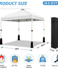 10x10 Pop Up Canopy Tent With One Button Push Setup Adjustable Height Instant Portable Shelter Easy Outdoor Sun Shade For Events Includes Roller Bag And 4 Weight Bags White, showing dimensions and folded bag