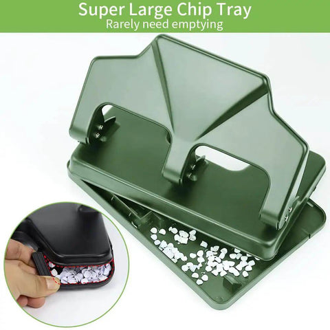 Heavy Duty Three Hole Punch For Binder With Large Chip Tray, 40 Sheet Capacity, Fifty Percent Less Effort Lever in Green