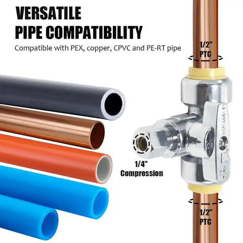 Heavy Duty Solid Brass Tee Valve With Push Quick Connect Shut Off Design Plug And Play No Sweat Setup 1/4 Turn Handle compatible with PEX copper CPVC pipes.