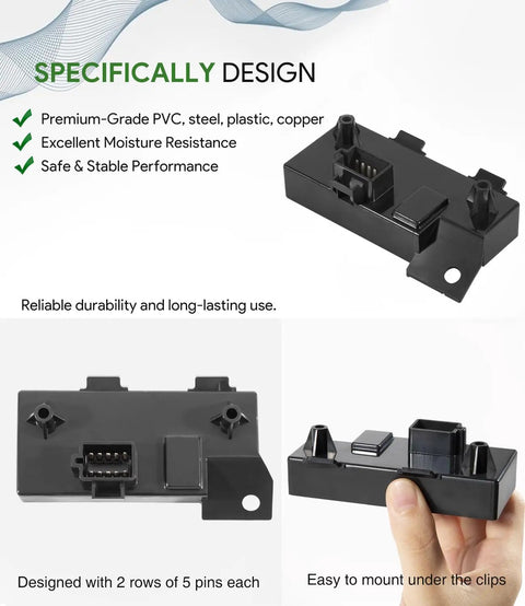Electronic Control Unit Module For Lawn And Garden Tractors And Equipment X300 X300R X304 X305R X310 X320 X324 X340 X360 X500 X520 X530 X534 X540 X590 Direct Replacement With Easy Plug And Play And Enhanced Safety, black plastic component showing connection ports and hand for scale