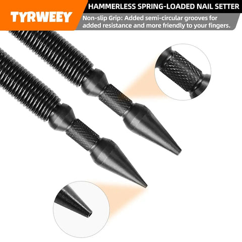 Top Shelf Two Piece Dual Head Spring Nail Punch Setter features non-slip grip and pointed tips for precise nail setting in woodworking tasks.