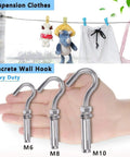 M6 Heavy Duty Concrete Wall Hook Set 304 Stainless Steel Concrete Anchor Bolts Expansion Wall Mount Hooks For Concrete Walls 5 Pack Rust Resistant Indoor Outdoor Supports Up To 264 Pounds 120 Kilograms displayed on hand with clothesline in background
