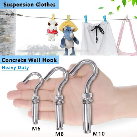 M6 Heavy Duty Concrete Wall Hook Set 304 Stainless Steel Concrete Anchor Bolts Expansion Wall Mount Hooks For Concrete Walls 5 Pack Rust Resistant Indoor Outdoor Supports Up To 264 Pounds 120 Kilograms displayed on hand with clothesline in background