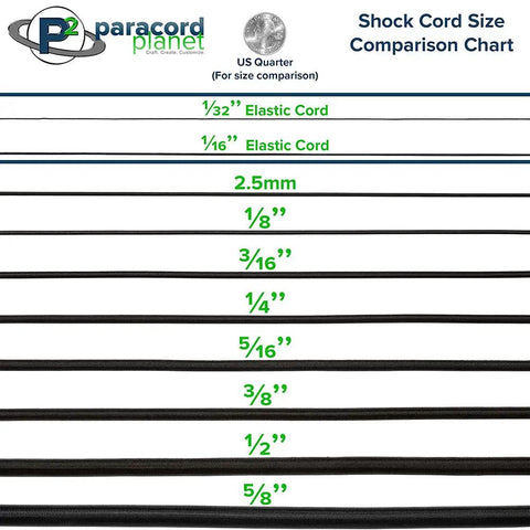 Size comparison chart of Elastic Nylon Bungee Shock Cord In Multiple Diameters From 2.5mm To 1/2 Inch 100% Nylon Jacket.